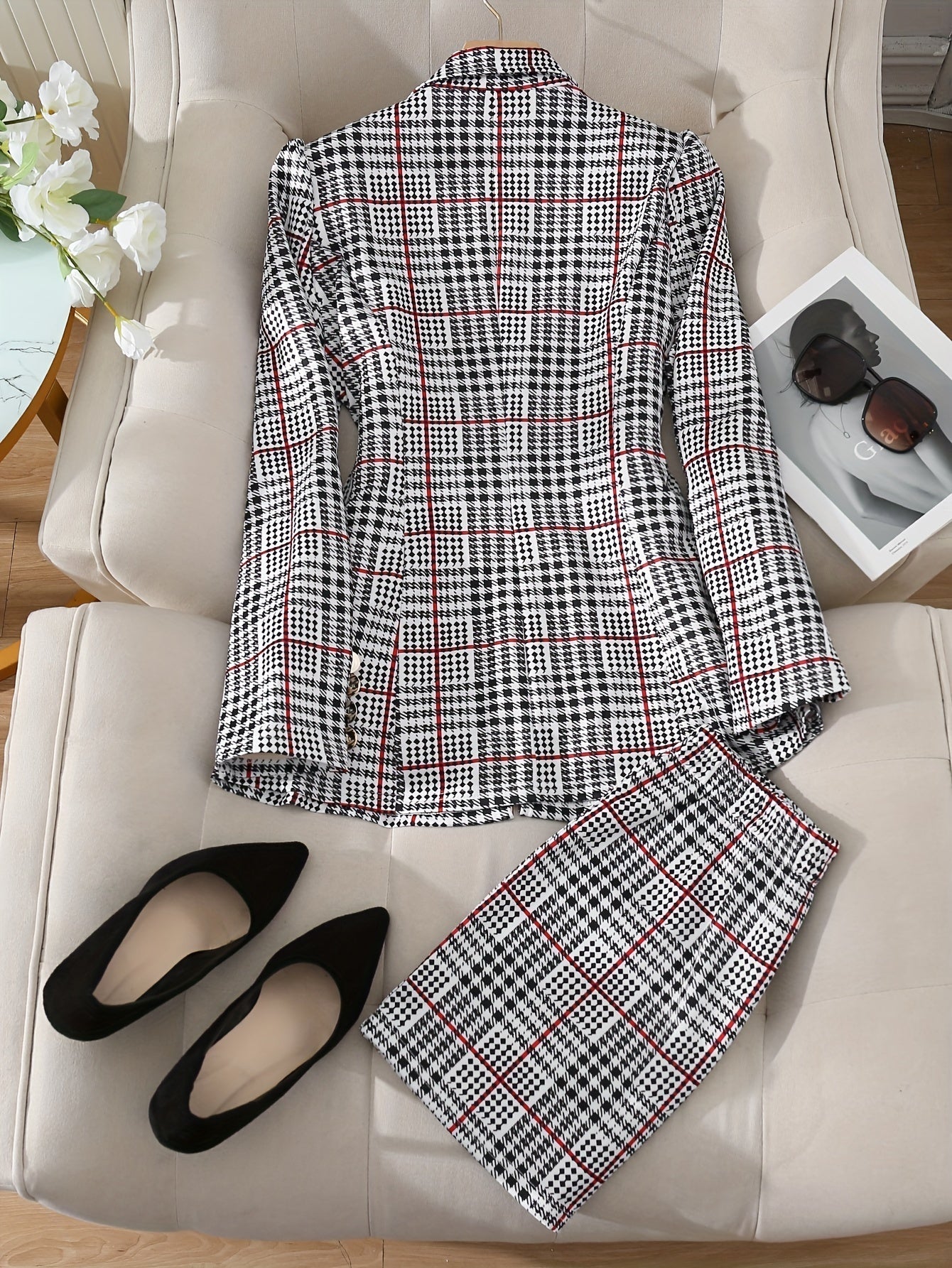 Ladies Fashion Casual Slim Suit Two-piece Plus-size Suit, Plaid Pattern Elegant Skirt Suit With Buttons, Lapel Long Sleeve Suit Jacket And High Waist Skirt, Plus-size Women'S Wear Amazon Don't Sell