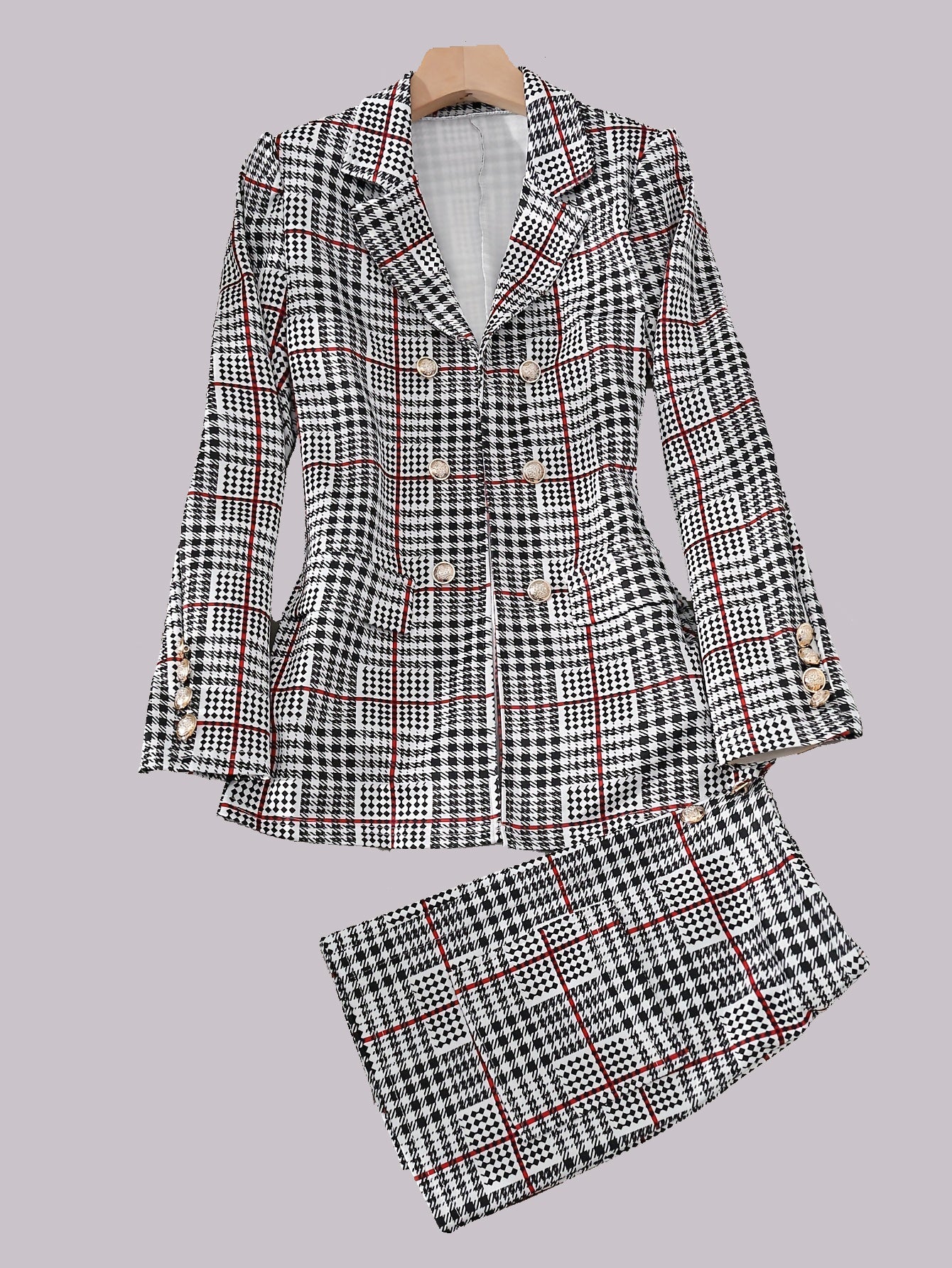 Ladies Fashion Casual Slim Suit Two-piece Plus-size Suit, Plaid Pattern Elegant Skirt Suit With Buttons, Lapel Long Sleeve Suit Jacket And High Waist Skirt, Plus-size Women'S Wear Amazon Don't Sell