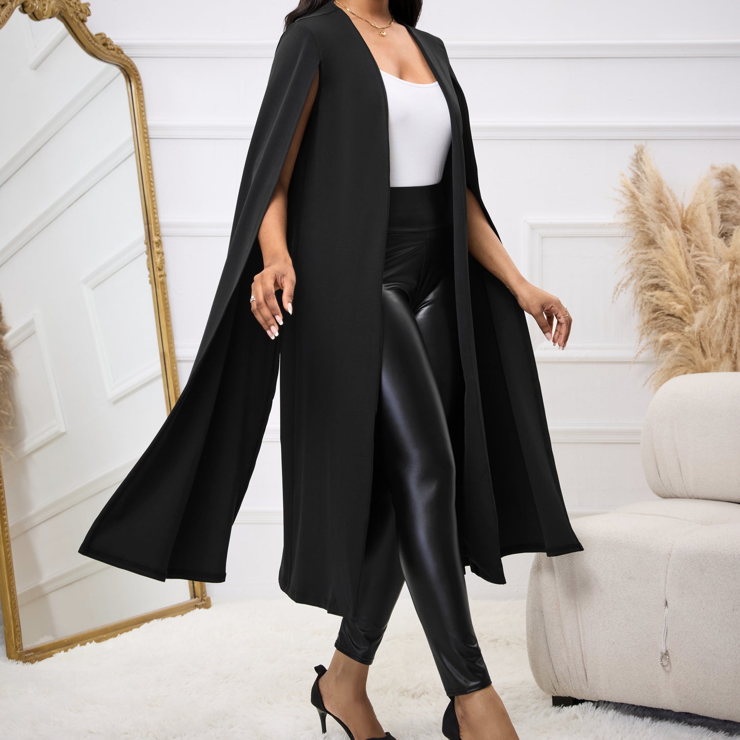 Women's Solid Color Long Cape Sleeve Open Collar Suit Jacket