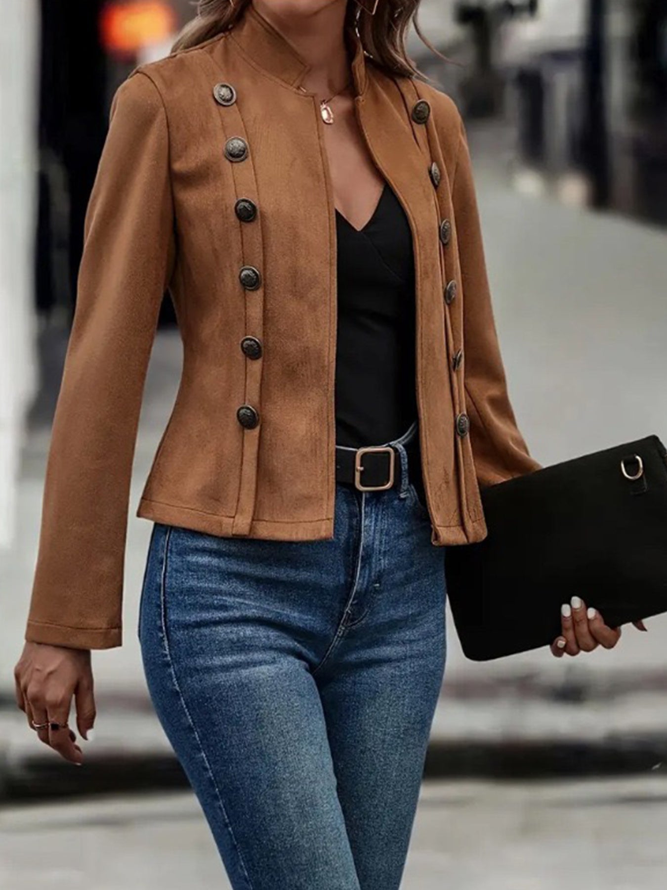Brown Elegant Double-breasted Jacket - High Neck, Buttoned Placket, Micro-elastic, Street Style Solid Color Women'S Jacket - Suitable For Winter Amazon Does Not Sell
