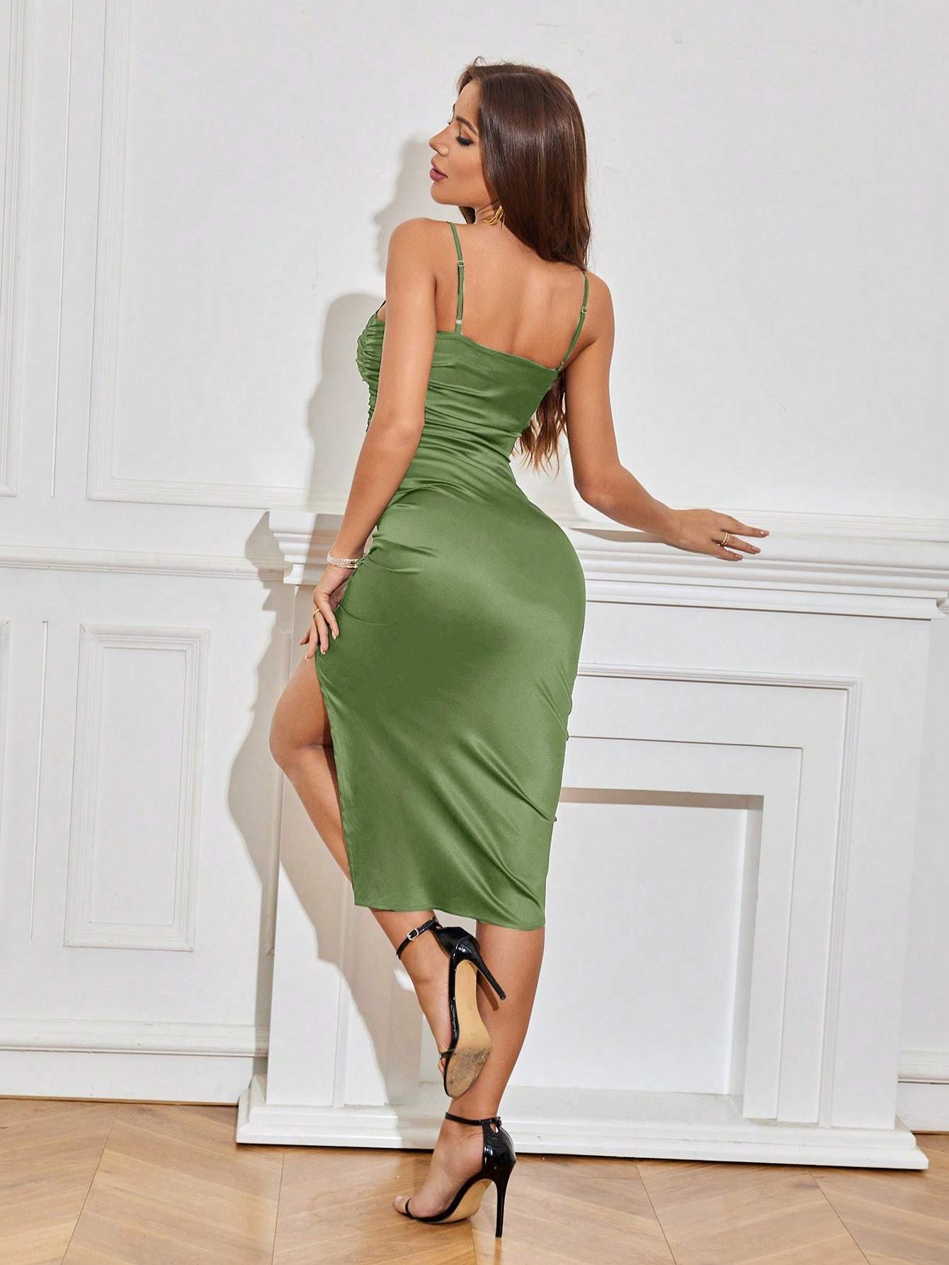 Solid Color Ruched Bodycon Slit Cami Dress Party Dress Wedding Guest Dress