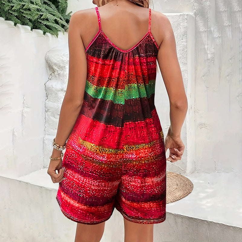 Womens Summer Casual Print Sleeveless Rompers Loose Spaghetti Strap Shorts Jumpsuit With Pockets