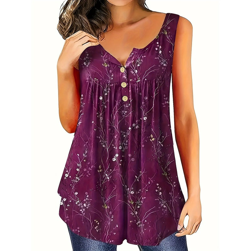 Women's Plus Size Sleeveless Button-Front Blouse With Ruffle Detail & Floral Print Casual Summer Top