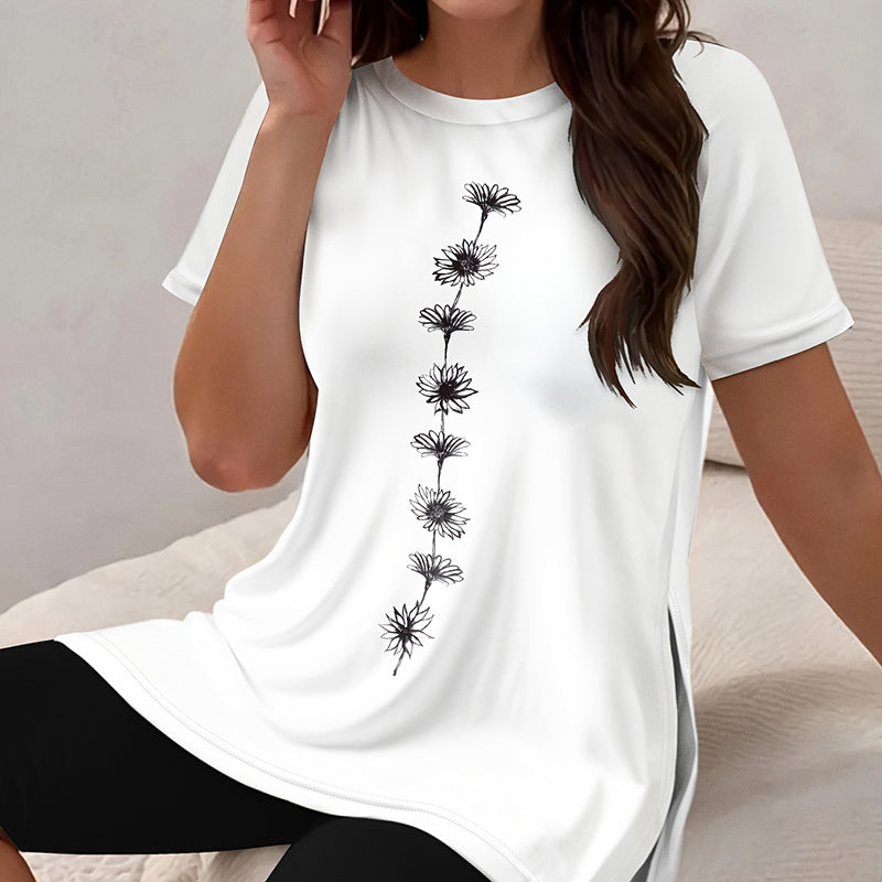 Women's 2-Piece Floral Set Side Slit Top And Stretch Shorts Outfits