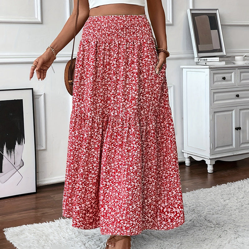 Women's Boho Floral Maxi Skirt - High Elastic Waist, Pleated A-Line Long Skirt