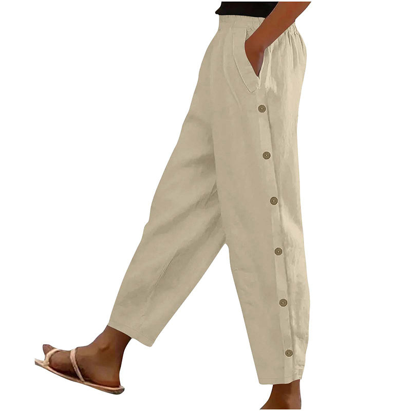 Women's Casual Pants Elastic Waist Side Button Loose Fit Trousers With Pockets