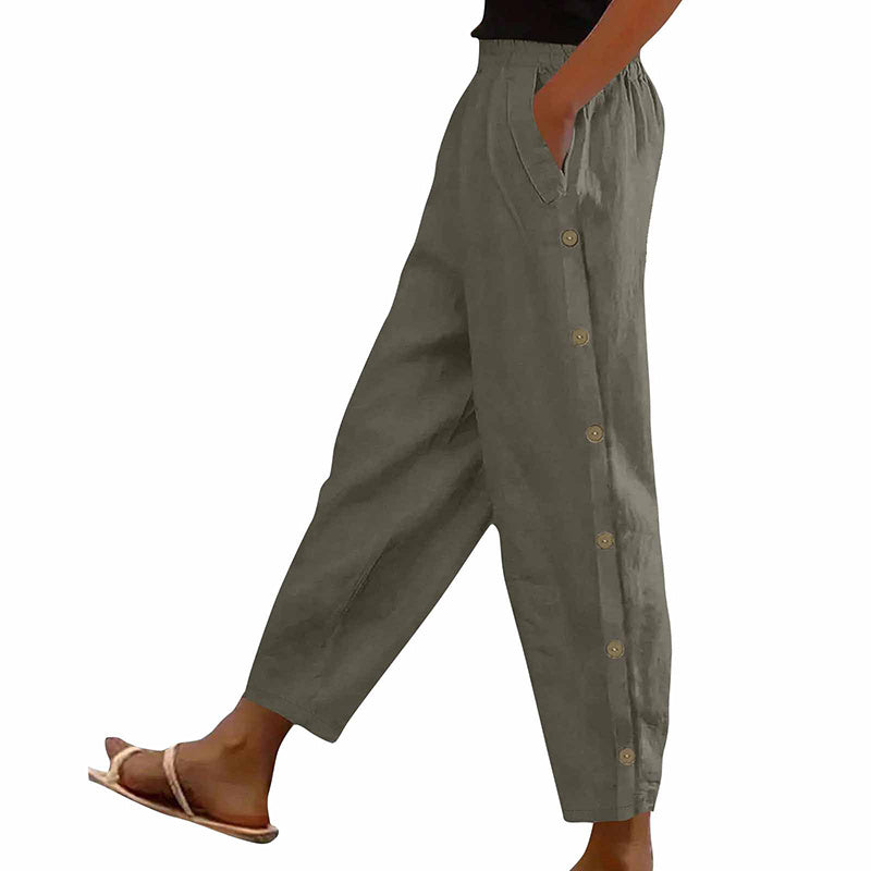 Women's Casual Pants Elastic Waist Side Button Loose Fit Trousers With Pockets