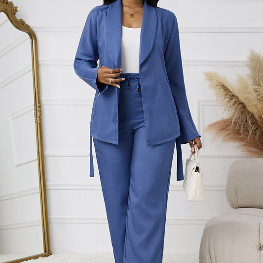 Ladies' Solid Color Lapel Belt Decoration Open Top Jacket And Drawstring Elastic Loose Leg Pants Set