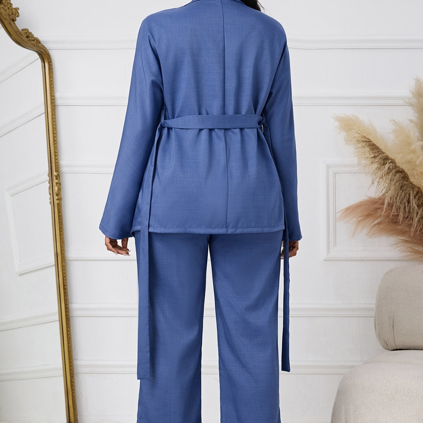 Ladies' Solid Color Lapel Belt Decoration Open Top Jacket And Drawstring Elastic Loose Leg Pants Set