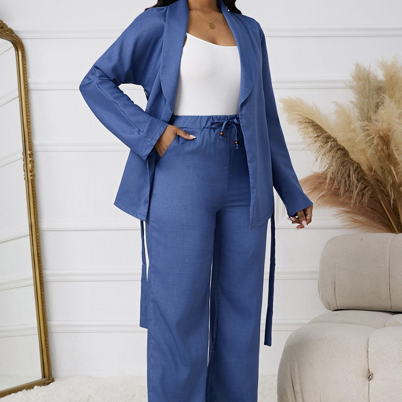 Ladies' Solid Color Lapel Belt Decoration Open Top Jacket And Drawstring Elastic Loose Leg Pants Set