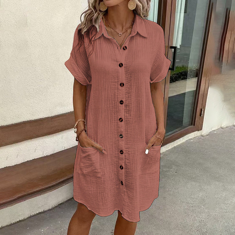 Women's Dress Summer Casual Collar Button Down Short Sleeve Tunic Shirt Dress With Pockets
