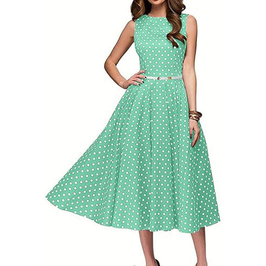 Women's Vintage Polka Dot Sleeveless Dress O-Neck Summer Cocktail Party Dress