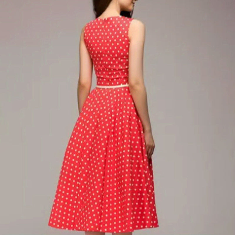 Women's Vintage Polka Dot Sleeveless Dress O-Neck Summer Cocktail Party Dress