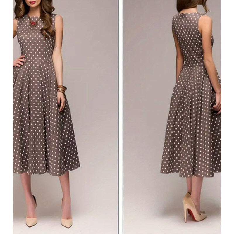 Women's Vintage Polka Dot Sleeveless Dress O-Neck Summer Cocktail Party Dress