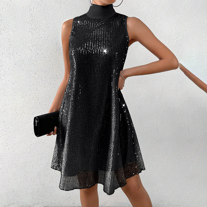 Women's Sparkly Sequin Sleeveless Mock Neck Dress Glittery Evening Party Dress