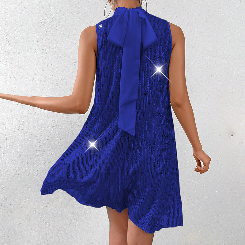 Women's Sparkly Sequin Sleeveless Mock Neck Dress Glittery Evening Party Dress