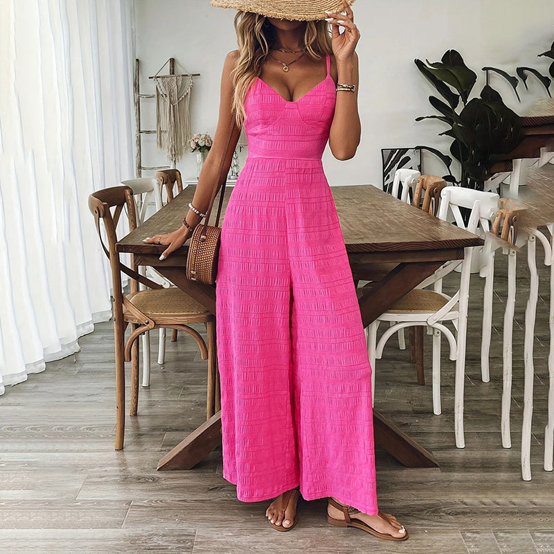 Women's Elegant Pink Sleeveless Jumpsuit With Back Bow V-Neck Palazzo Pants, Vintage Style Casual Beachwear For Spring & Summer