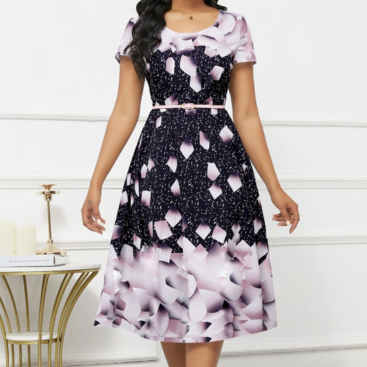 Ladies' Elegant Starry Petal Pink Round Neck Dress