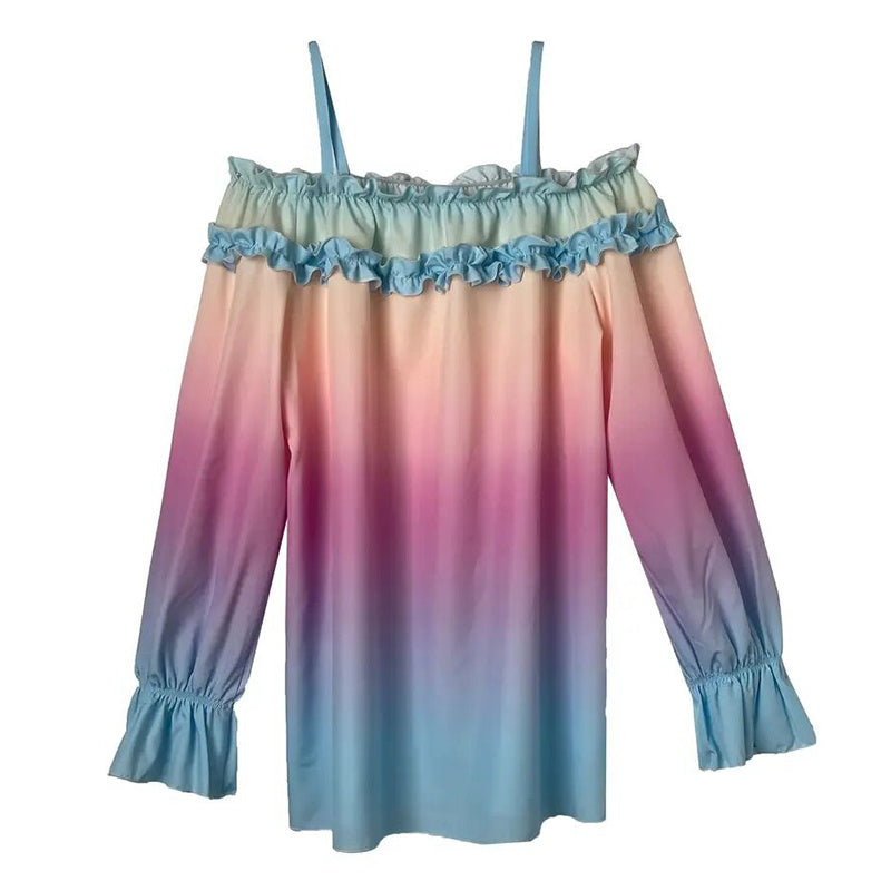 Women's Sexy Off Shoulder Ruffle Trendy Summer Fashion Color Gradient Long Sleeve Blouse