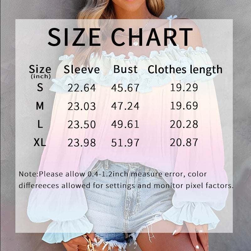 Women's Sexy Off Shoulder Ruffle Trendy Summer Fashion Color Gradient Long Sleeve Blouse