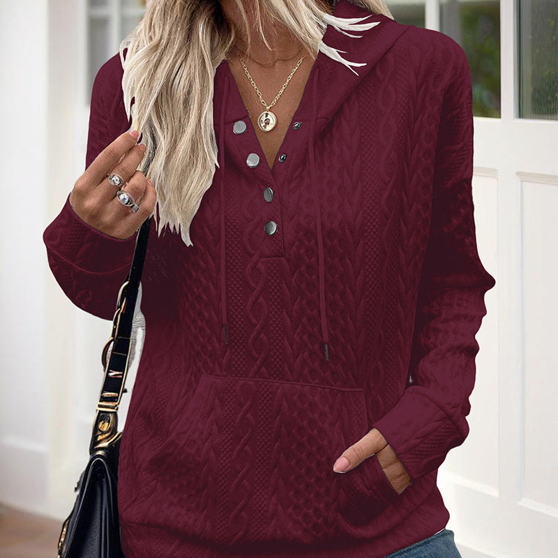 Women's V-Neck Solid Textured Long Sleeve Hoodie With Button Front & Kangaroo Pocket - Drawstring Hood Casual Pullover