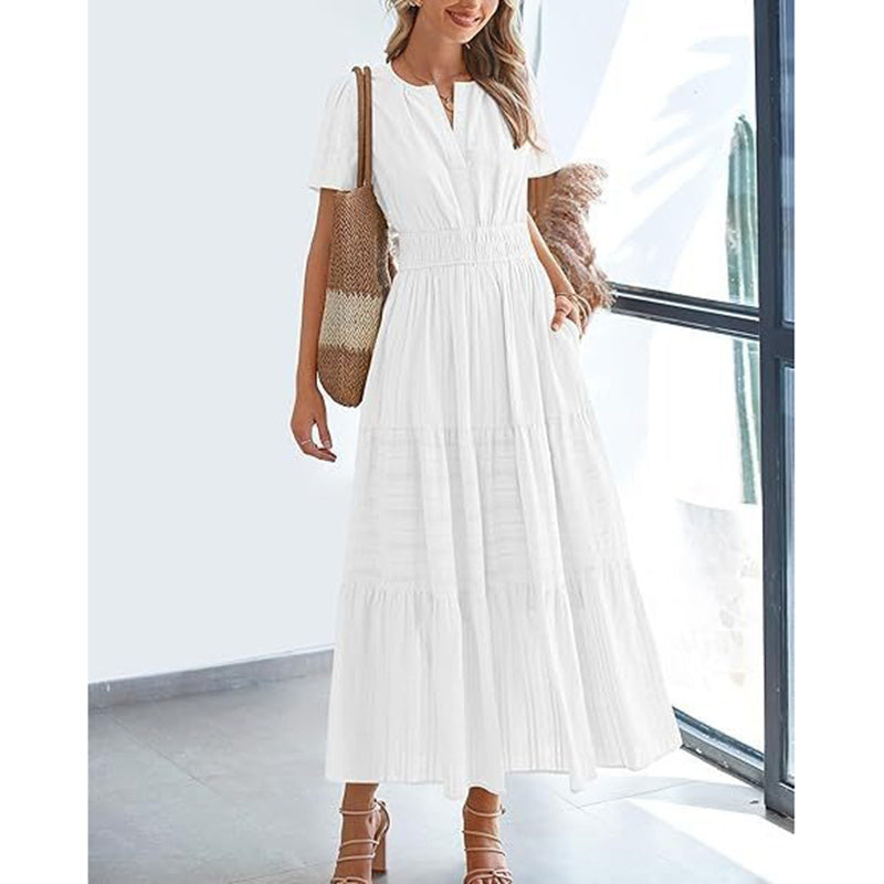 Women's Summer Short Sleeve V Neck Swing Dress Flowy Pleated Tiered Maxi Beach Sundress With Pockets