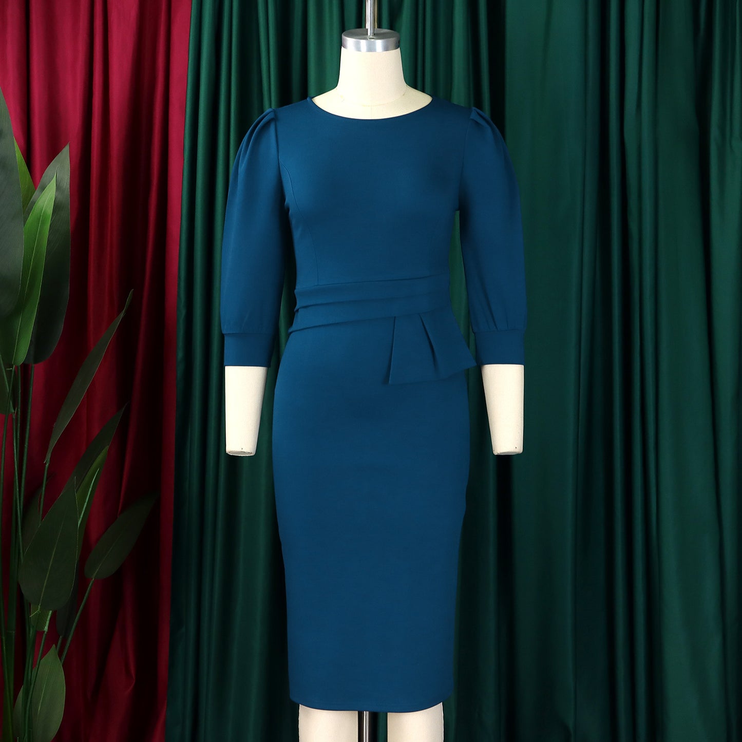 Women's Bodycon Pencil Dress Round Neck 3 4 Sleeve Peplum Wear To Work Office Dress