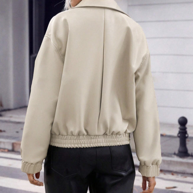 Women's Solid Color Zipper Lapel Jacket Jacket