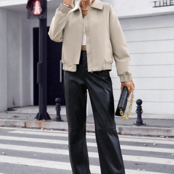 Women's Solid Color Zipper Lapel Jacket Jacket