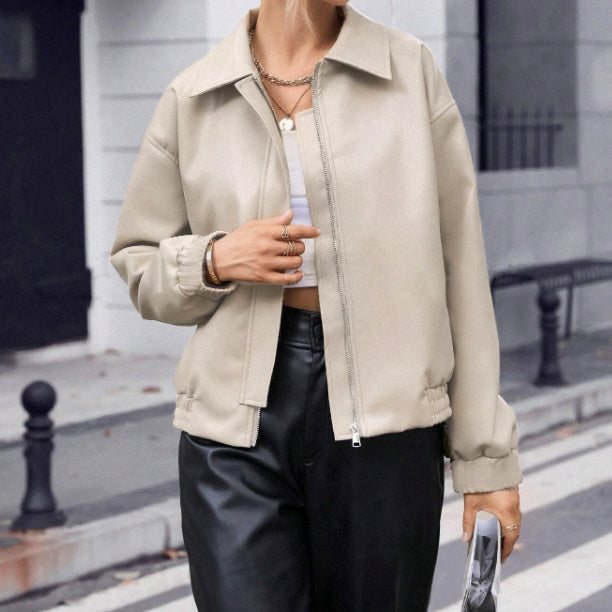 Women's Solid Color Zipper Lapel Jacket Jacket