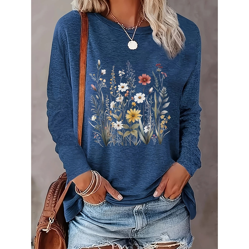 2 Pack Flowers Graphic Long Sleeve Tees Shirts For Women Casual Loose Fitted Tshirts Boho Wildflower Trendy Tops