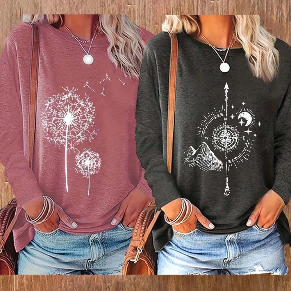 2 Pack Flowers Graphic Long Sleeve Tees Shirts For Women Casual Loose Fitted Tshirts Boho Wildflower Trendy Tops