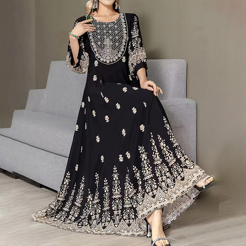 Women's Bohemian Embroidered Maxi Dress Elegant 3 4 Sleeve Swing Dress