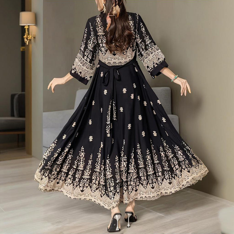 Women's Bohemian Embroidered Maxi Dress Elegant 3 4 Sleeve Swing Dress