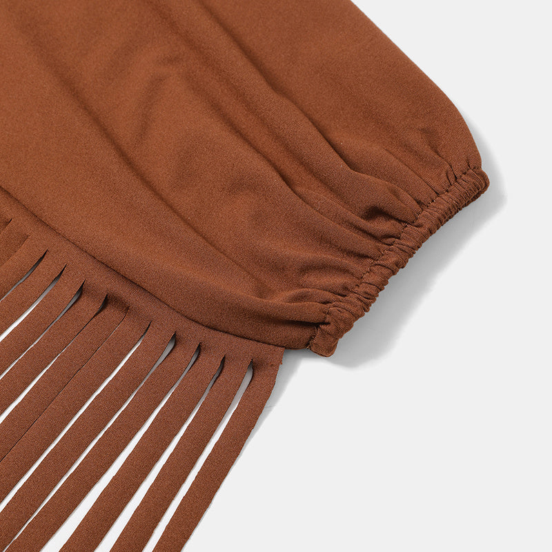 Women's Western Cowgirl  Fringe Trim Tops Sexy Off Shoulder Long Sleeve T Shirts Tassel Top