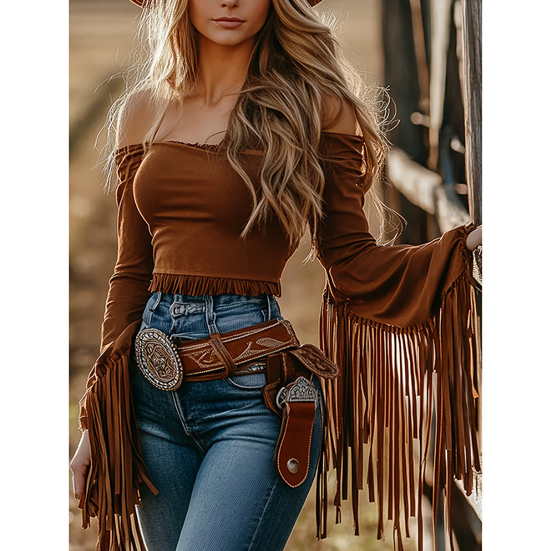 Women's Western Cowgirl  Fringe Trim Tops Sexy Off Shoulder Long Sleeve T Shirts Tassel Top