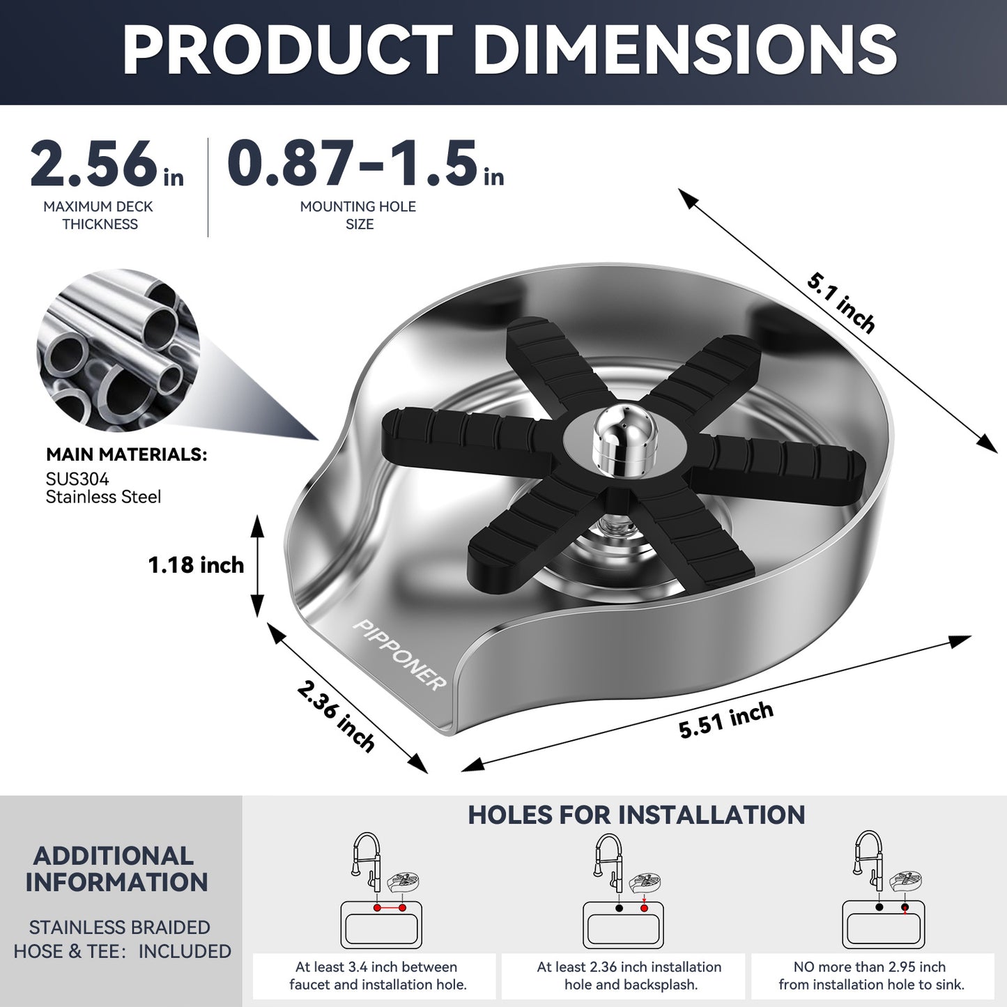 PIPPONER Metal Glass Rinser For Kitchen Sink, 5-inch High Pressure Cup Washer With Hose, Stainless Steel Glass Washer For Sink, DIY Sink Bottle Washer For Home And Commercial Use