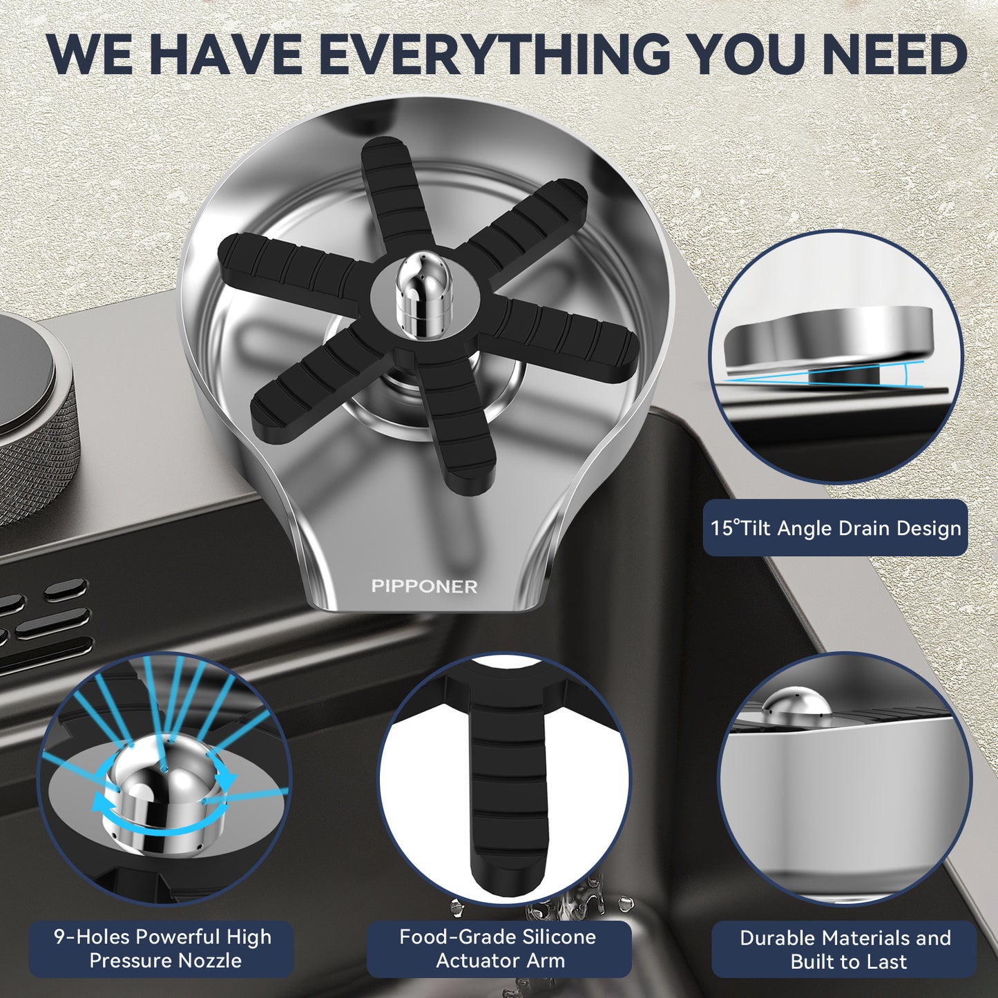 PIPPONER Metal Glass Rinser For Kitchen Sink, 5-inch High Pressure Cup Washer With Hose, Stainless Steel Glass Washer For Sink, DIY Sink Bottle Washer For Home And Commercial Use