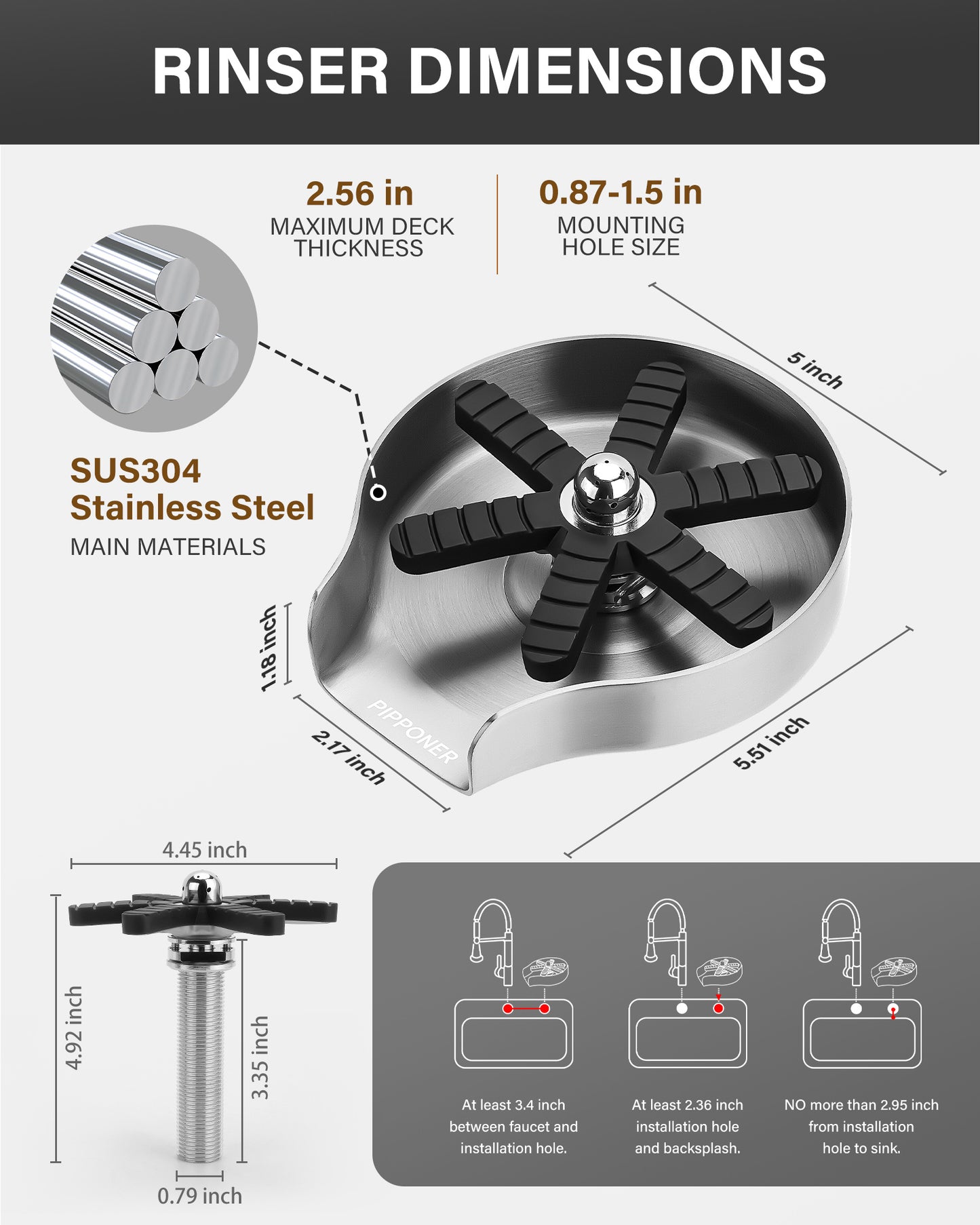 PIPPONER Glass Rinser For Kitchen Sink, Upgrade 360 Rotating High Pressure Jet Glass Rinser, 5-inch Stainless Steel Cup Washer, Cup Rinser Sink Attachment For Home And Commercial