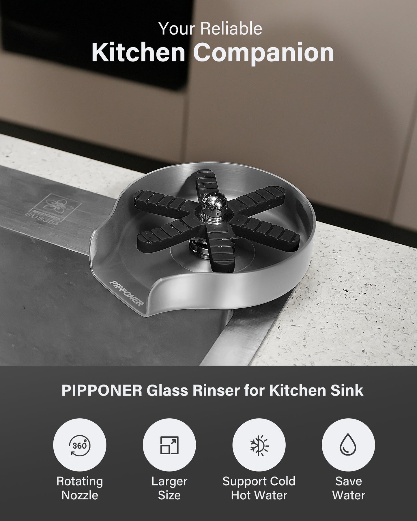 PIPPONER Glass Rinser For Kitchen Sink, Upgrade 360 Rotating High Pressure Jet Glass Rinser, 5-inch Stainless Steel Cup Washer, Cup Rinser Sink Attachment For Home And Commercial