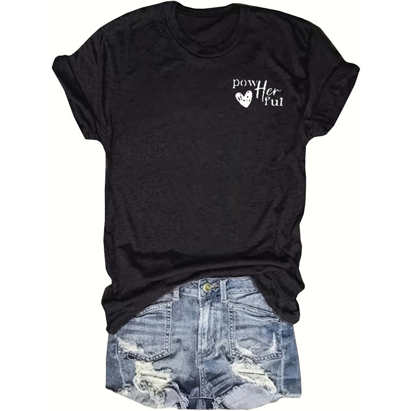 Women's Slogan & Heart Print Round Neck Tee - Casual Summer Essential