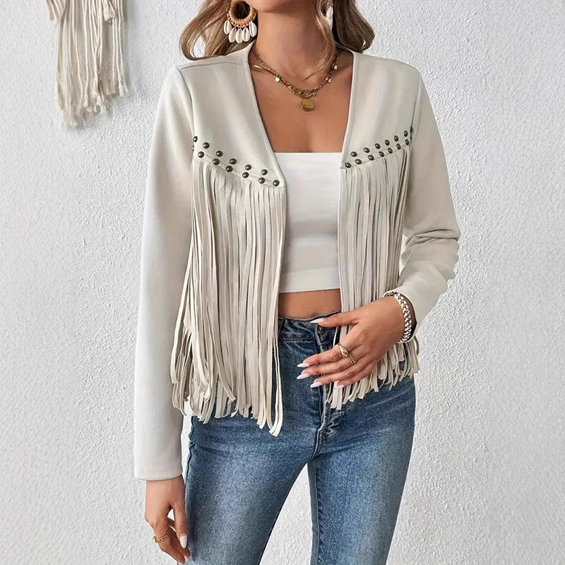 Women's Faux Suede Fringe Trim Long Sleeve Open Front Cardigan Jacket Western Concert Outfits