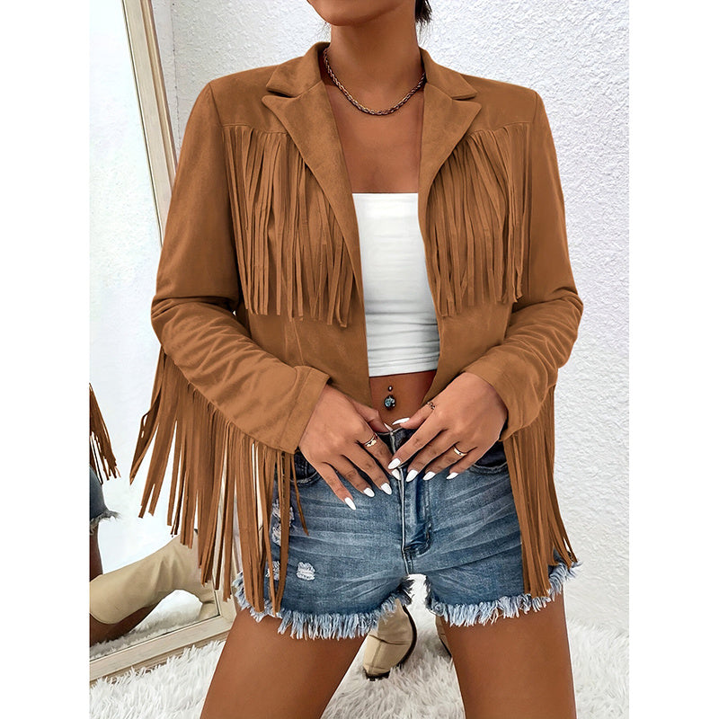 Women's Fringe Jackets, Western Cowgirl Faux Suede Leather Jacket Tassel Motorcycle Cropped Coats