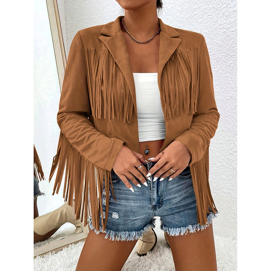 Women's Fringe Jackets, Western Cowgirl Faux Suede Leather Jacket Tassel Motorcycle Cropped Coats