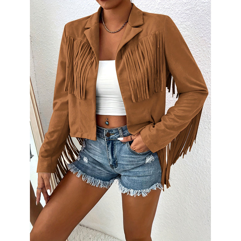 Women's Fringe Jackets, Western Cowgirl Faux Suede Leather Jacket Tassel Motorcycle Cropped Coats