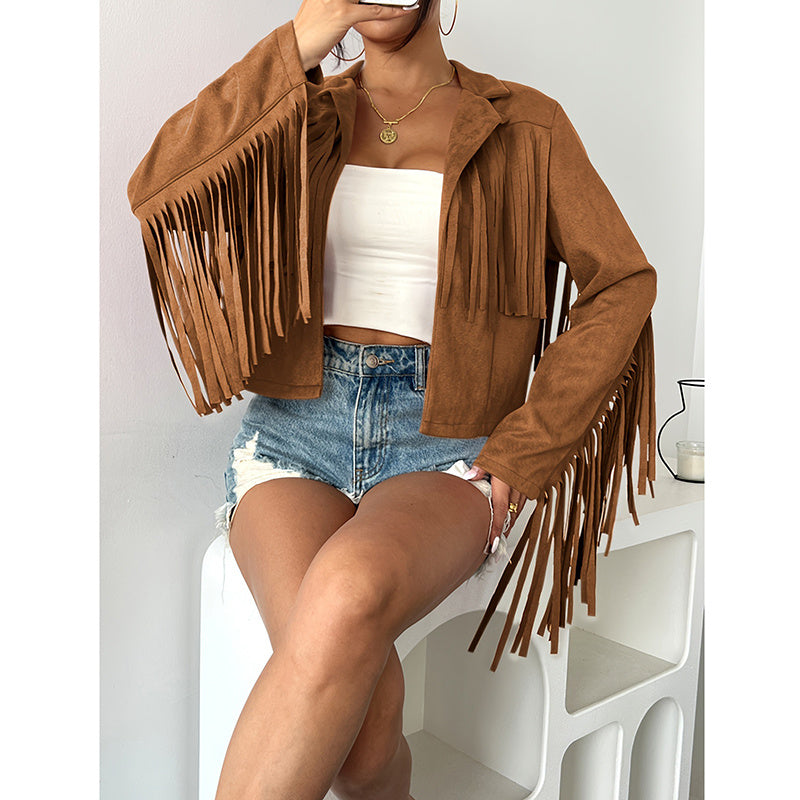 Women's Fringe Jackets, Western Cowgirl Faux Suede Leather Jacket Tassel Motorcycle Cropped Coats