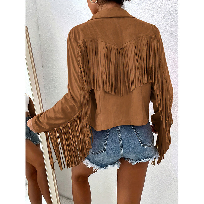 Women's Fringe Jackets, Western Cowgirl Faux Suede Leather Jacket Tassel Motorcycle Cropped Coats
