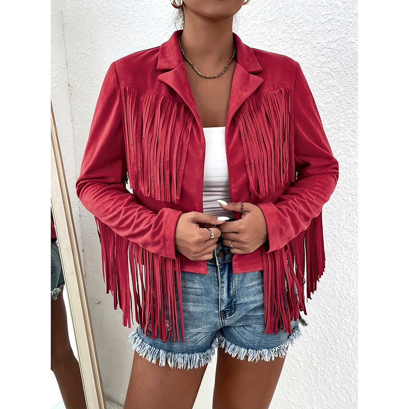 Women's Fringe Jackets, Western Cowgirl Faux Suede Leather Jacket Tassel Motorcycle Cropped Coats