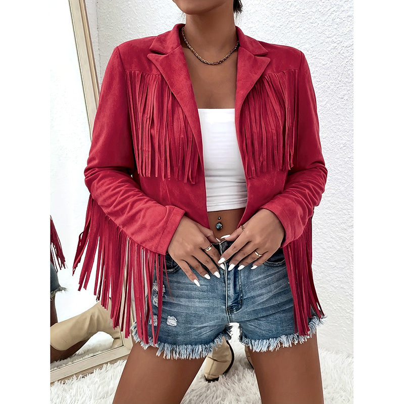 Women's Fringe Jackets, Western Cowgirl Faux Suede Leather Jacket Tassel Motorcycle Cropped Coats
