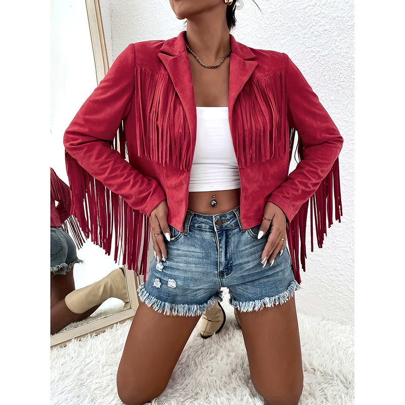 Women's Fringe Jackets, Western Cowgirl Faux Suede Leather Jacket Tassel Motorcycle Cropped Coats